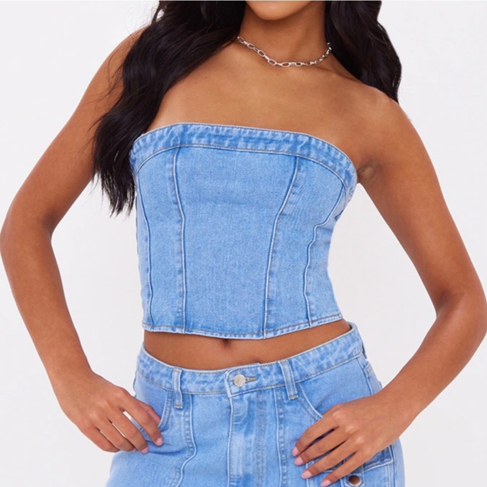 PrettyLittleThing Light Blue Denim Strapless Crop Top